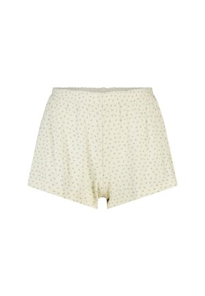 Lichtbeige katoenen shorts met kleine verspreide bloemenprint en elastische tailleband, ontworpen voor casual gebruik.