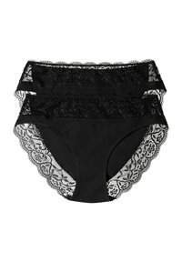 Black underwear with lace trim, featuring floral patterns. Smooth fabric with scalloped edges, providing contrast against the lace.