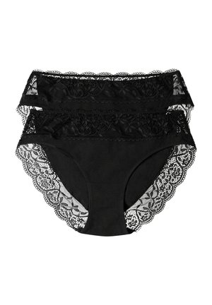 Black underwear with lace trim, featuring floral patterns. Smooth fabric with scalloped edges, providing contrast against the lace.