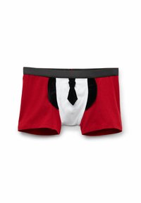 Boxer de algodón rojo con un panel frontal blanco y acentos negros. Cuenta con una cinturilla negra y un detalle decorativo de lazo negro.