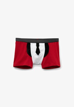 Røde bomuldsboxershorts med et hvidt frontpanel og sorte accenter. Har en sort taljebånd og en dekorativ sort snøre detalje.