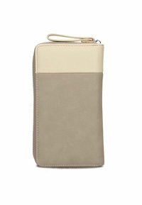 Portafoglio in pelle beige e taupe con chiusura a zip, con superficie textured e una sezione superiore color beige chiaro. Design compatto con una tracolla.