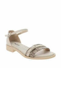 Sandalo beige con tacco a blocco basso, caratterizzato da una fascia crema e una banda in tessuto a fantasia. Cinturino alla caviglia regolabile con un accentuata fibbia in metallo.