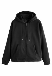 Black zip-up hoodie made of soft fabric. Features a large hood, front pockets, and ribbed hems. Simple design with drawstring accents.