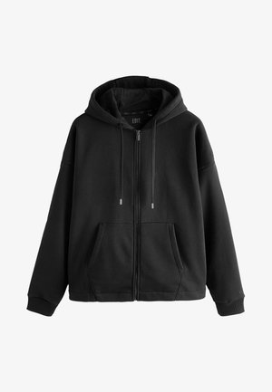 Čierna mikina na zips vyrobená z jemného materiálu. Obsahuje veľkú kapucňu, predné vrecká a rebrované lemy. Jednoduchý dizajn s akcentmi na šnúrke.