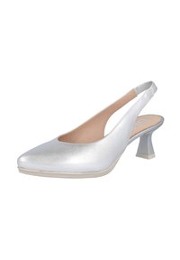 Zapato de tacón slingback plateado con punta afilada, textura metálica suave, tacón de stiletto bajo y diseño de plantilla en beige que contrasta.