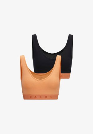 Zwei-Bralette-Set mit einem orangefarbenen und einem schwarzen Oberteil. Weicher, elastischer Stoff mit einem breiten Taillenbund, der mit "FALKE" geprägt ist. Rundhalsausschnitt-Design.