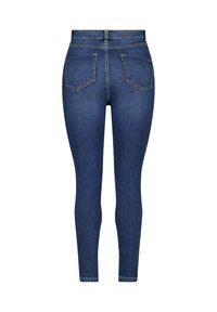 Donkerblauwe high-waisted skinny jeans met twee achterzakken en zichtbare stiksels op een witte achtergrond.