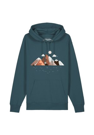Teal hooded sweatshirt with a graphic of stylized mountains, sun, clouds, and water on the front center.