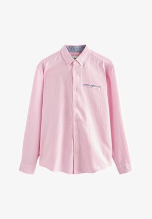 Hosszú ujjú, gombos ing világos rózsaszín pamutból, texturált mintával, kék díszítésű mellzsebből és galléros nyakkivágással.