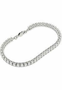 Bracciale in argento con pietre trasparenti quadrate alternate in una montatura a griffe, dotato di chiusura sicura a moschettone.