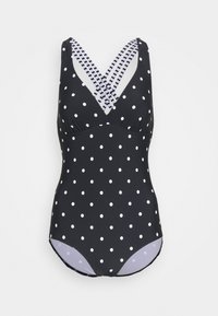 Schwarzer Einteiler-Badeanzug mit weißen Punkten, ausgestattet mit überkreuzten Trägern im Streifenmuster und einem weichen Material.