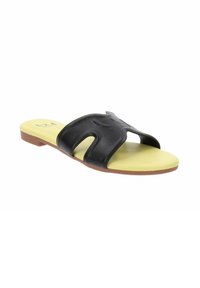 Infradito neri senza cinturino con un design a onda, caratterizzati da una soletta gialla e una suola marrone. Realizzati in materiale morbido per garantire comfort.