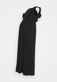 Črna maxi obleka z nabrano naramnicami, prilegajočim telesom in razgibanim silhueto. Narejena iz mehkega, lahkega blaga z gladko teksturo.