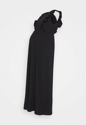 Czarna maxi sukienka z falbanami na ramiączkach, dopasowanym gorsetem i swobodnym krojem. Wykonana z miękkiej, lekkiej tkaniny o gładkiej fakturze.
