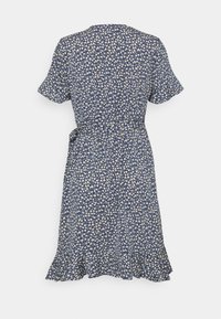 Navy blue floral dress with short sleeves, a fitted waist, and a flared hem. Features small white and beige flower patterns throughout.