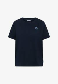 Camiseta azul marino de manga corta con puños remangados, cuello redondo y pequeño logo "Big Kind" en azul claro con una palmera en el pecho.