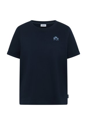 T-shirt bleu marine à manches courtes avec poignets retournés, col rond et petit logo "Big Kind" bleu clair avec un palmier sur la poitrine.