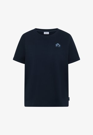 T-shirt bleu marine à manches courtes avec poignets retournés, col rond et petit logo "Big Kind" bleu clair avec un palmier sur la poitrine.