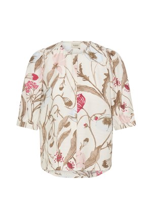 Blouse blanche avec manches ballons trois-quarts, présentant un imprimé botanique dans des tons marron, rose, rouge et bleu, avec un col rond.