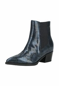 Bottines en simili serpent bleu foncé, à bout pointu, panneau latéral élastique, talon empilé, finition brillante, accents de couture subtils.