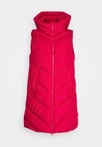 Roze puffervest met hoge kraag, rits aan de voorkant en schuin geruit quiltpatroon. Zachte textuur, mouwloos en lichtgewicht.