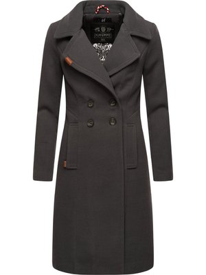 Dark grey wool coat with a double-breasted design, wide lapels, side pockets, and a leather accent. Features a patterned inner lining.