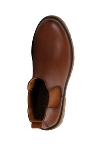 Brown leather ankle boot with elastic side panel, rounded toe, and a contrasting tan rubber sole. Smooth texture and minimalist design.