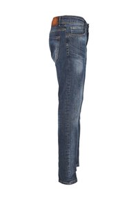 Jeans en denim bleu avec une coupe droite, présentant une étiquette en cuir sur la taille et des détails de décoloration subtils. Poche arrière visible.