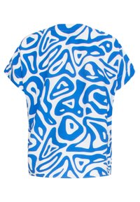 T-shirt met korte mouwen van witte stof, versierd met een abstract blauw patroon van onregelmatige vormen en een gladde textuur. Ontwerp met een casual pasvorm.