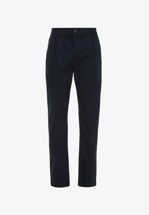 Temno modri bombažni hlače s straight leg obliko, prednjimi naborki, gumbom za zapiranje in stranskimi žepi. Gladka tekstura, sproščen slog.