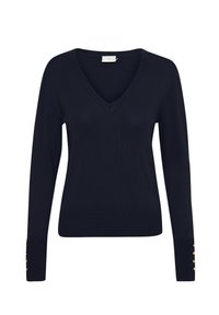 Námorně modrý pletený svetr s výstřihem do V, dlouhými rukávy a zlatými knoflíkovými akcenty na manžetách. Měkká textura a přiléhavý design.