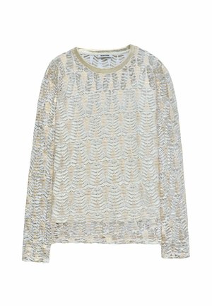 Camiseta de manga larga en beige claro con un patrón texturizado. Fabricada en una tela transparente con un diseño ondulado, cuenta con un escote redondeado y puños acanalados.