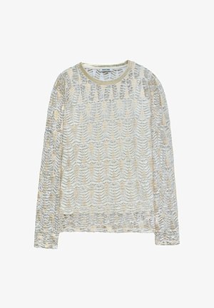 Camiseta de manga larga en beige claro con un patrón texturizado. Fabricada en una tela transparente con un diseño ondulado, cuenta con un escote redondeado y puños acanalados.