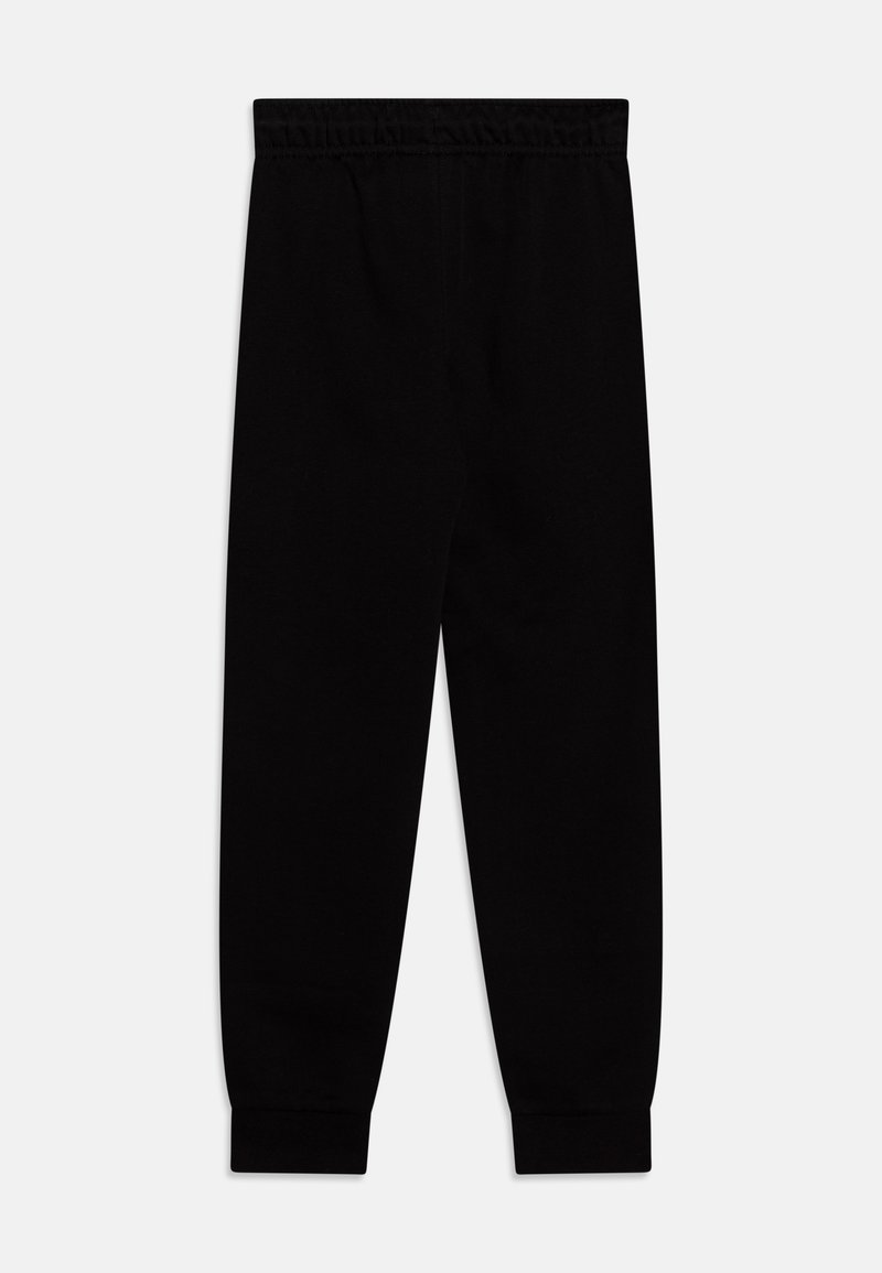 Pantaloni da jogging neri in cotone con cintura elastica. Forma affusolata con polsini aderenti alle caviglie. Tessuto morbido, senza motivi o accenti visibili.