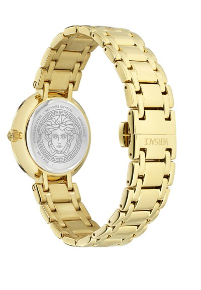 Gouden roestvrijstalen horloge met een gepolijste afwerking, een gelinkte armband en een ronde kast. Saffierglas en gegraveerd Medusa-logo op de achterkant.