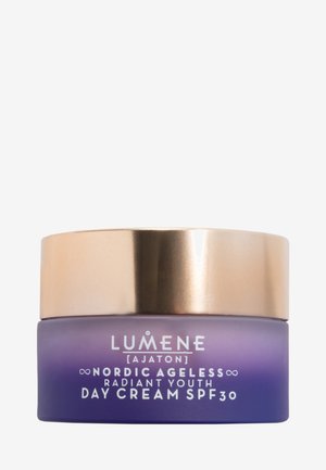 Lumene Nordic Ageless Radiant Youth Day Cream SPF 30 in a purple frosted jar with a shiny rose gold lid.
