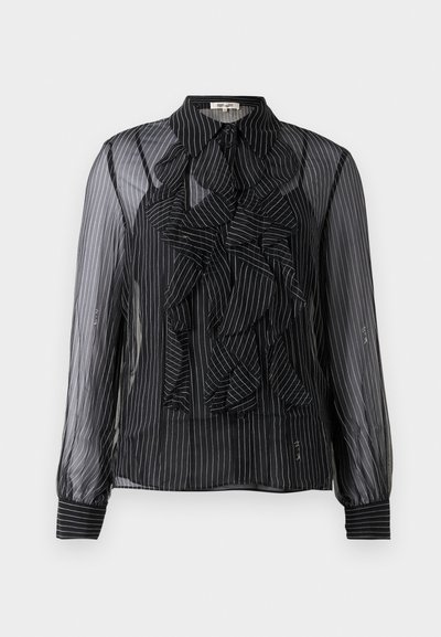 Black sheer blouse with vertical white stripes, ruffled front detail, long sleeves, and a standard collar. Soft texture with button closures.