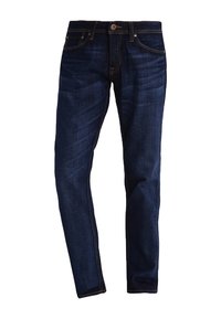 Dunkelblaue Denim-Jeans mit schmaler Passform, ausgestattet mit orangen Nähten, fünf Taschen sowie einem Knopf- und Reißverschluss.