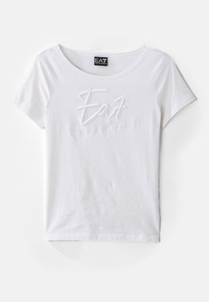 T-shirt in cotone bianco con maniche corte, scollatura rotonda, con il marchio ricamato in bianco in rilievo "EA7 Emporio Armani" sul fronte.