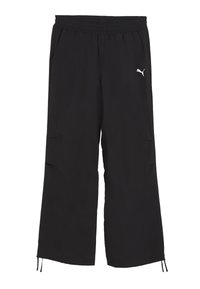 Sorte sportsbukser lavet af letvægtsmateriale, med en elastisk talje, to sidelommer og et lille hvidt logo foran.