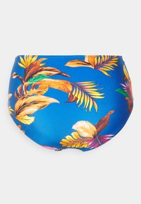 Parte de baixo de biquíni de cintura alta numa cor azul vibrante, apresentando um padrão de folhas tropicais em tons de amarelo, laranja e rosa. Textura suave.