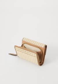 Brown wallet with a white grid pattern, featuring a zippered compartment and smooth texture, showcasing an organized interior.