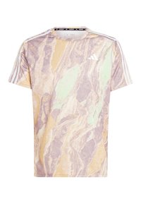 Kurzarm-T-Shirt in lila und creme mit marmoriertem Muster aus leichtem Stoff, mit drei weißen Streifen auf jeder Schulter und Logo.