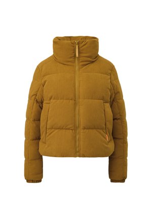 Mosterdgele corduroy pufferjack met hoge kraag, rits aan de voorkant en twee voorzakken. Heeft een horizontaal gewatteerd patroon en ribgebreide manchetten.