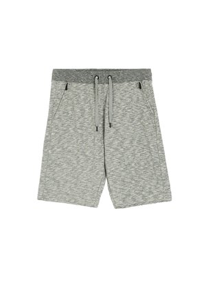 Szare szorty z melanżem z elastycznym pasem i sznurkiem. Posiadają boczne kieszenie oraz luźny krój, wykonane z miękkiego, elastycznego materiału.
