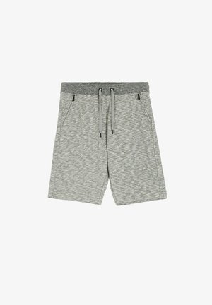 Szare szorty z melanżem z elastycznym pasem i sznurkiem. Posiadają boczne kieszenie oraz luźny krój, wykonane z miękkiego, elastycznego materiału.