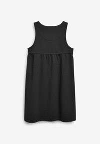 Czarna sukienka bez rękawów wykonana z miękkiej bawełny, z dopasowaną górą i marszczoną talią, o gładkim wykończeniu i okrągłym dekolcie.