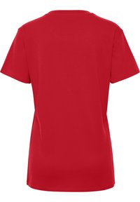 Röd kortärmad t-shirt med rund hals, tillverkad av mjukt bomullsaktyg. Har en enkel baksida utan tryck eller dekorationer.
