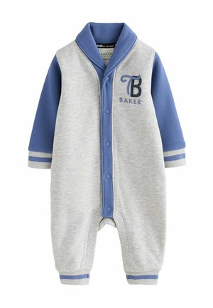 Grauer und blauer Baby-Overall mit langen Ärmeln, Druckknöpfen vorne und "Baker" Logo auf der Brust.